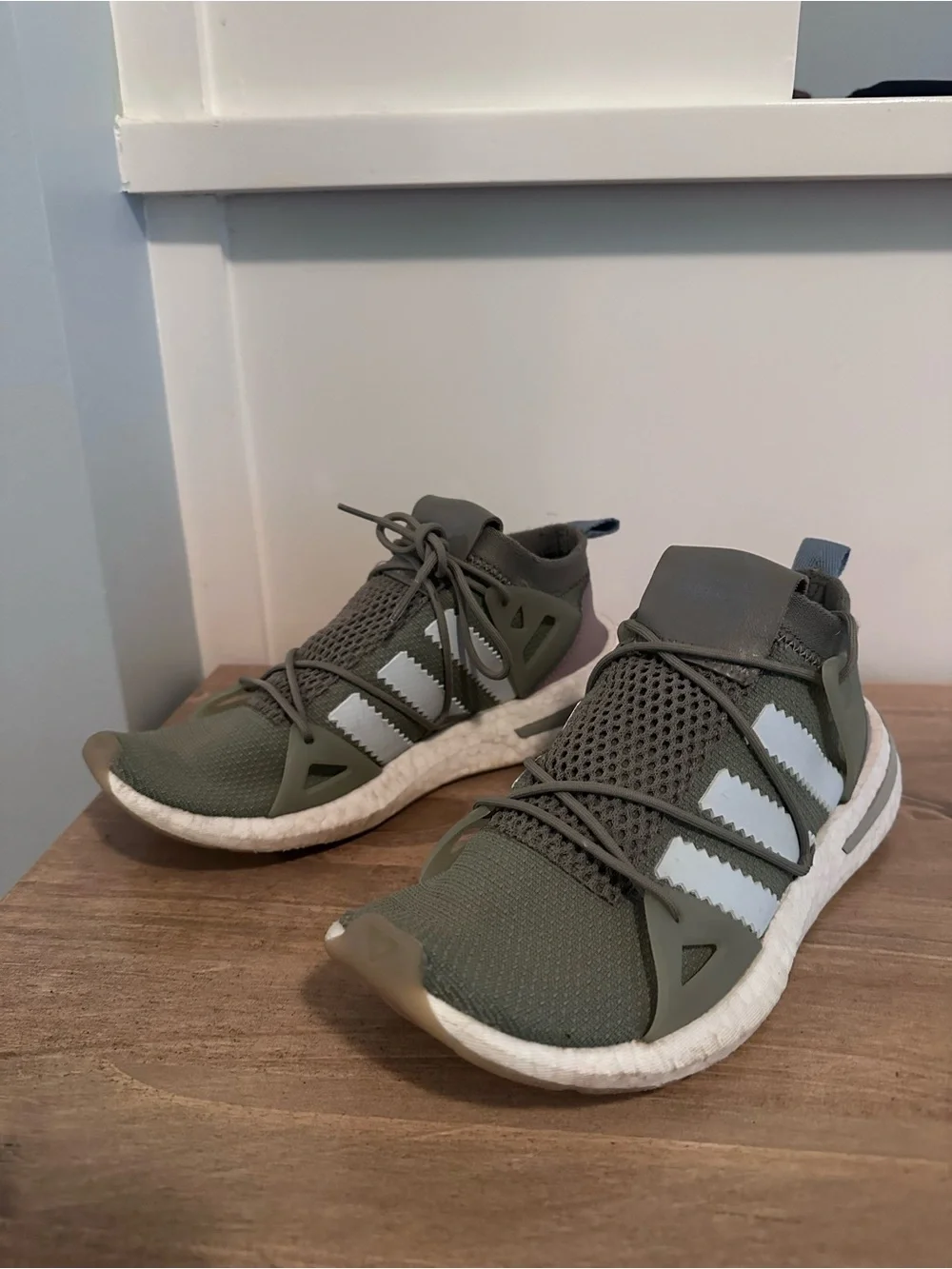 Adidas Arjun Primeknkt Olive Green Sneakers with White Stripes